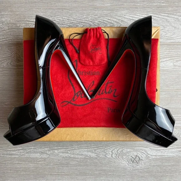 Christian Louboutin Heels Black Patent Lady Peep Toe Pumps 10.5 Red Bottoms - Picture 13 of 13